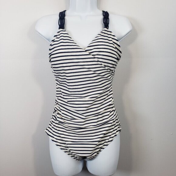 Kona Sol Shirred Macrame One Piece Swimsuit Navy/White Stripe Size Medium /B12 - Picture 1 of 8